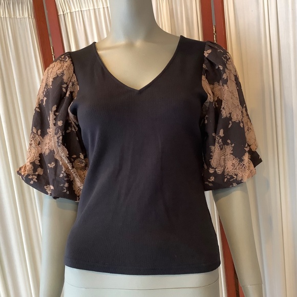 Anthropologie Dolan Lace Puff-Sleeve Top Black Ribbed Size S - Picture 2 of 10